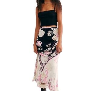 Free People Bali After Hours Black and Pink Floral Maxi Skirt Size Small
